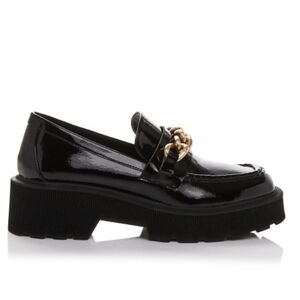 Anthropologie Glossy Black Loafers with Gold Accent